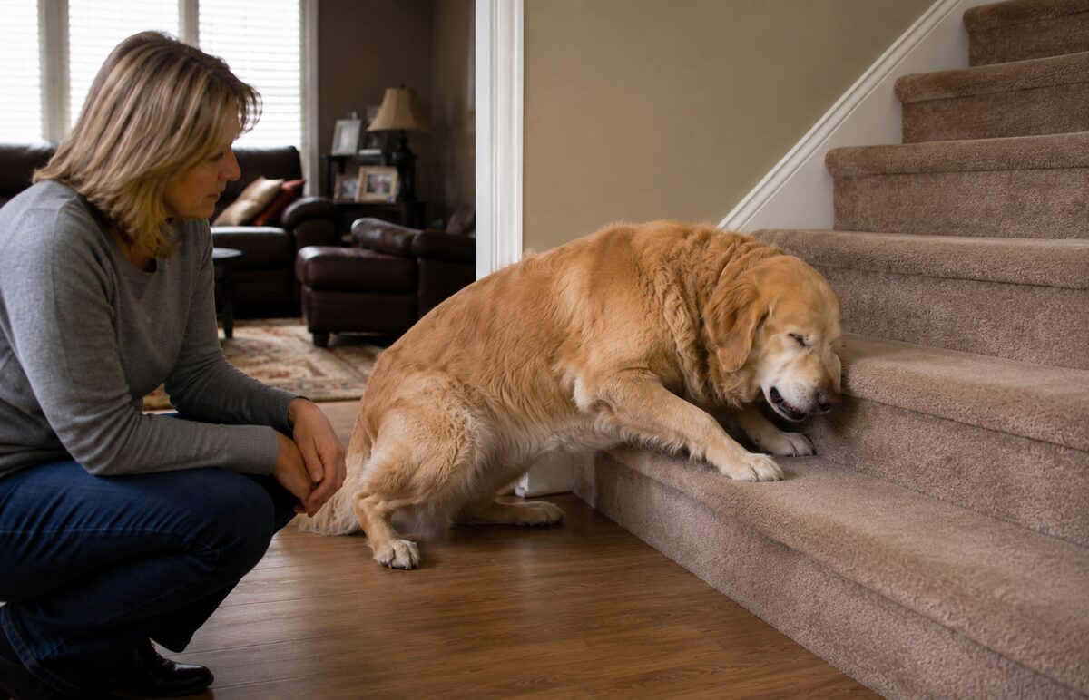 Older golden retriever hesitating at the bottom of the stairs with its owner beside it