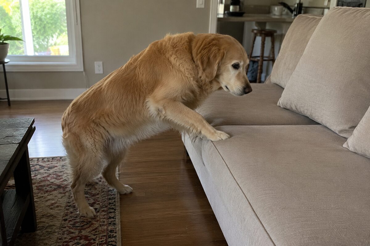 Dog hesitating at the couch